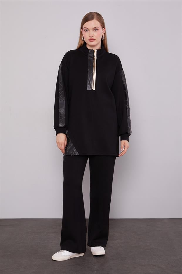 Siyah Simli Deri Detaylı İkili Takım