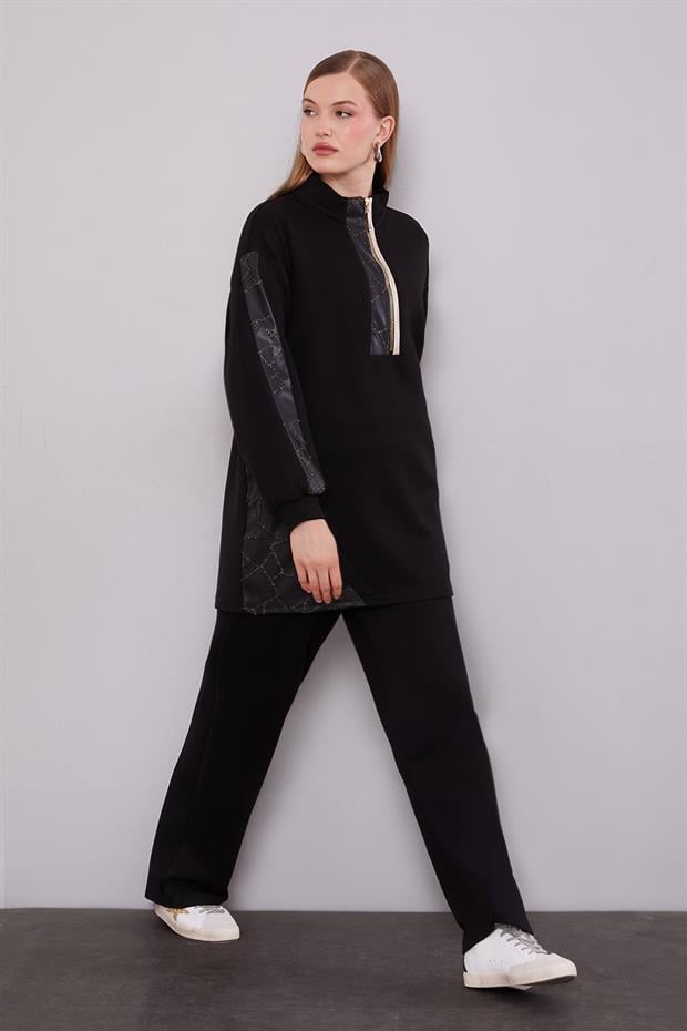 Siyah Simli Deri Detaylı İkili Takım