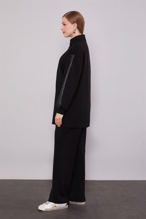 Siyah Simli Deri Detaylı İkili Takım