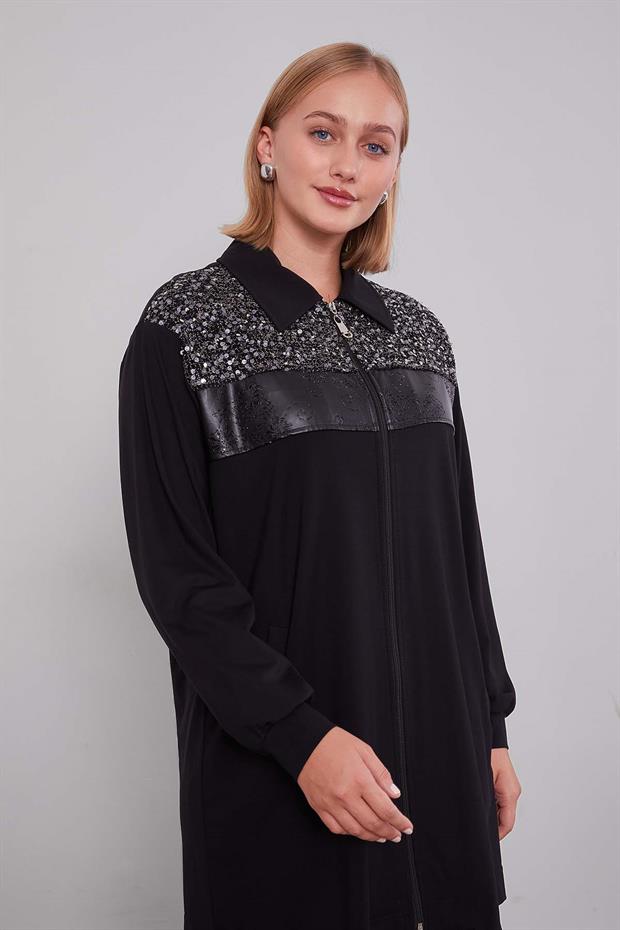 Siyah Deri Şerit Detaylı İkili Takım