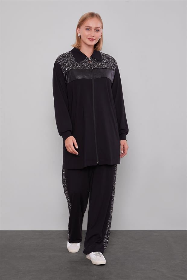 Siyah Deri Şerit Detaylı İkili Takım