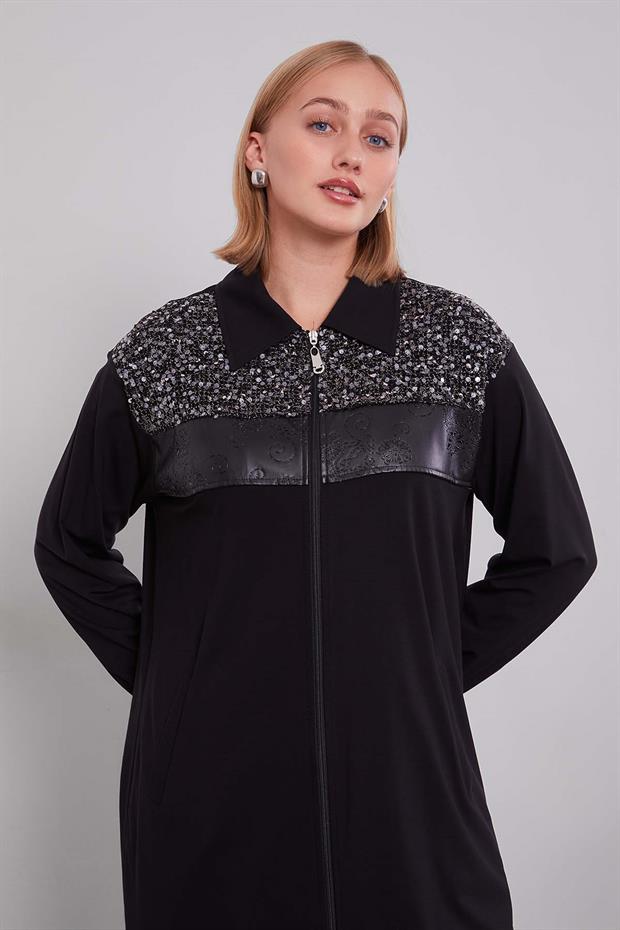 Siyah Deri Şerit Detaylı İkili Takım