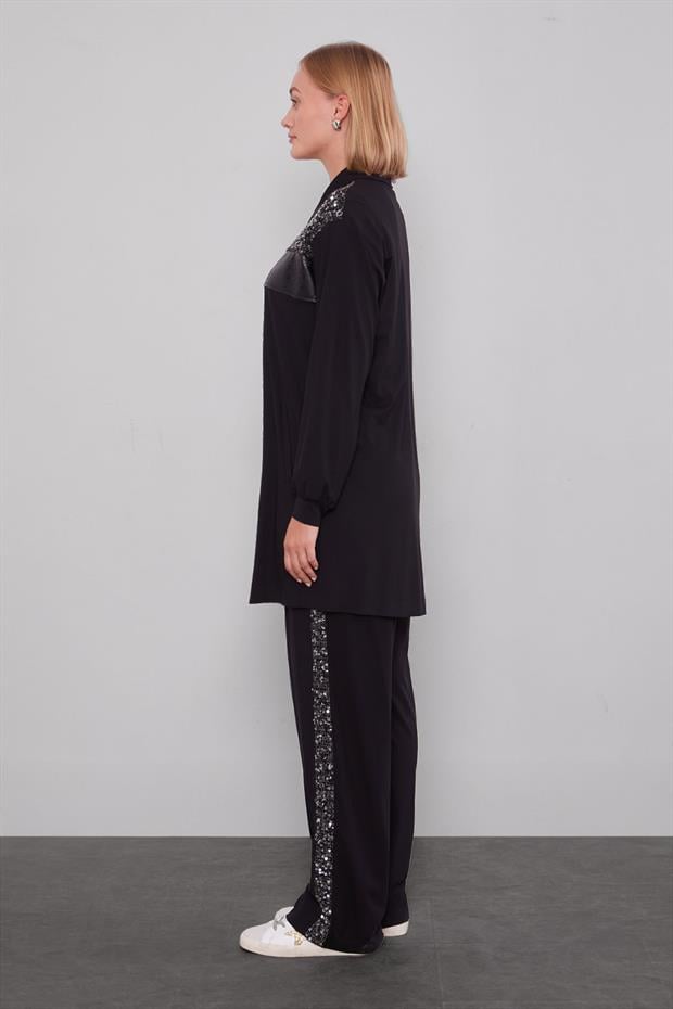 Siyah Deri Şerit Detaylı İkili Takım