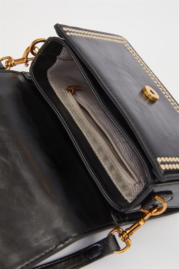 Siyah Desenli Askı Detay Omuz Çantası