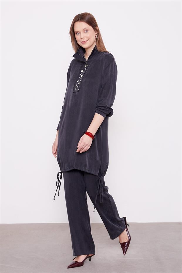 Siyah Dik Yaka Düğme Detaylı Cupra İkili Takım