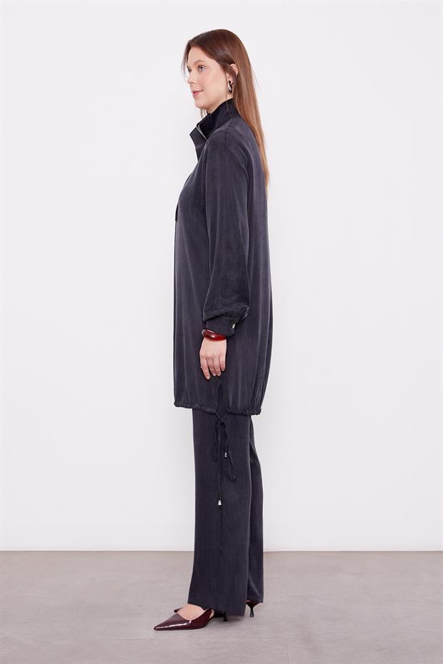 Siyah Dik Yaka Düğme Detaylı Cupra İkili Takım