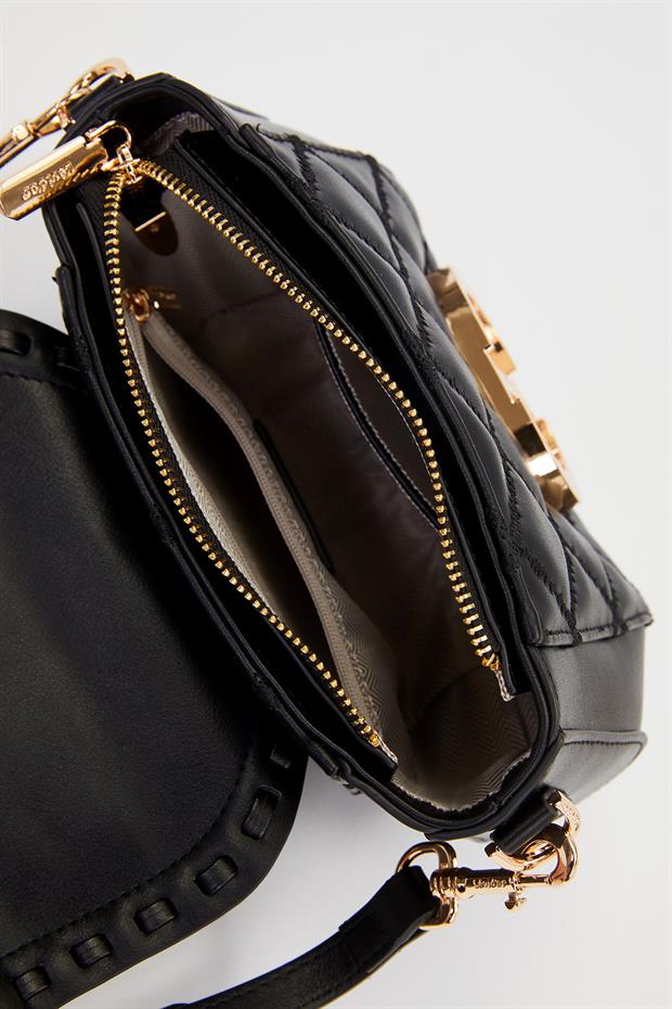 Siyah Dikdörtgen Metal Kilit Omuz Çantası