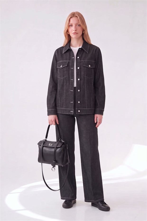 Dikiş Detaylı Denim Ceket ve Pantolon İkili Takım Siyah