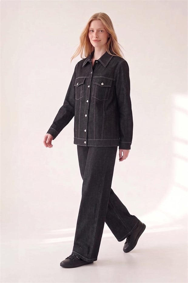 Dikiş Detaylı Denim Ceket ve Pantolon İkili Takım Siyah