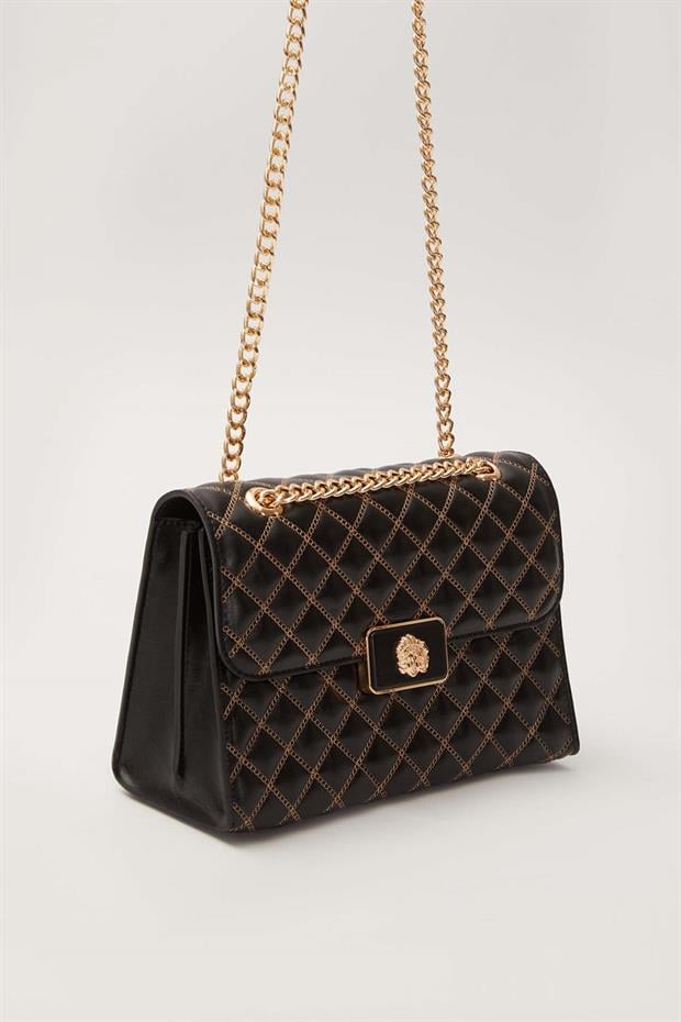 Siyah Dikişli Kapitone Omuz Çantası