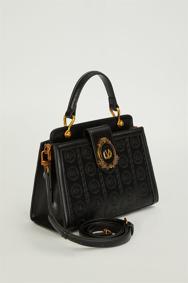 Siyah Dokulu Çift Fermuarlı El Çantası