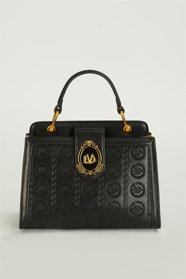 Siyah Dokulu Çift Fermuarlı El Çantası