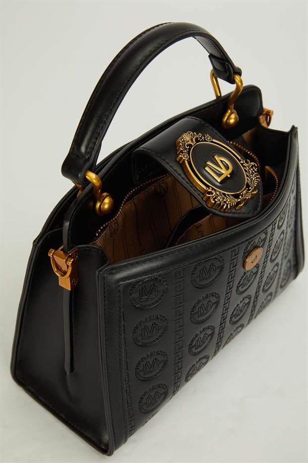 Siyah Dokulu Çift Fermuarlı El Çantası