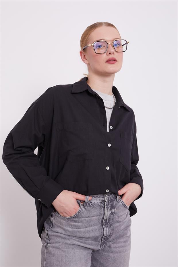 Siyah Dokulu Pamuk Gömlek