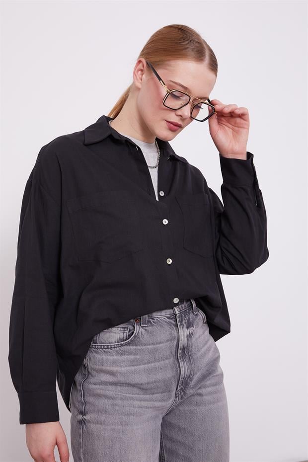 Siyah Dokulu Pamuk Gömlek