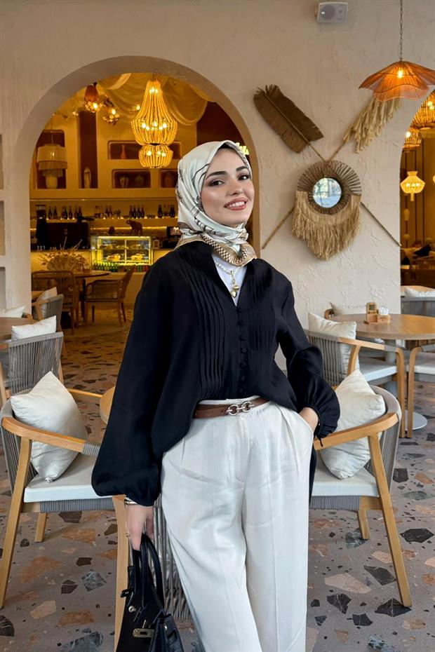 Siyah Düğme Detay Belden Bağlama Gömlek