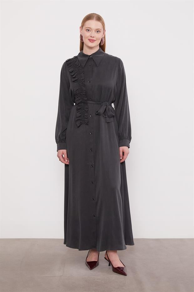 Siyah Düğme Detaylı Cupra Elbise