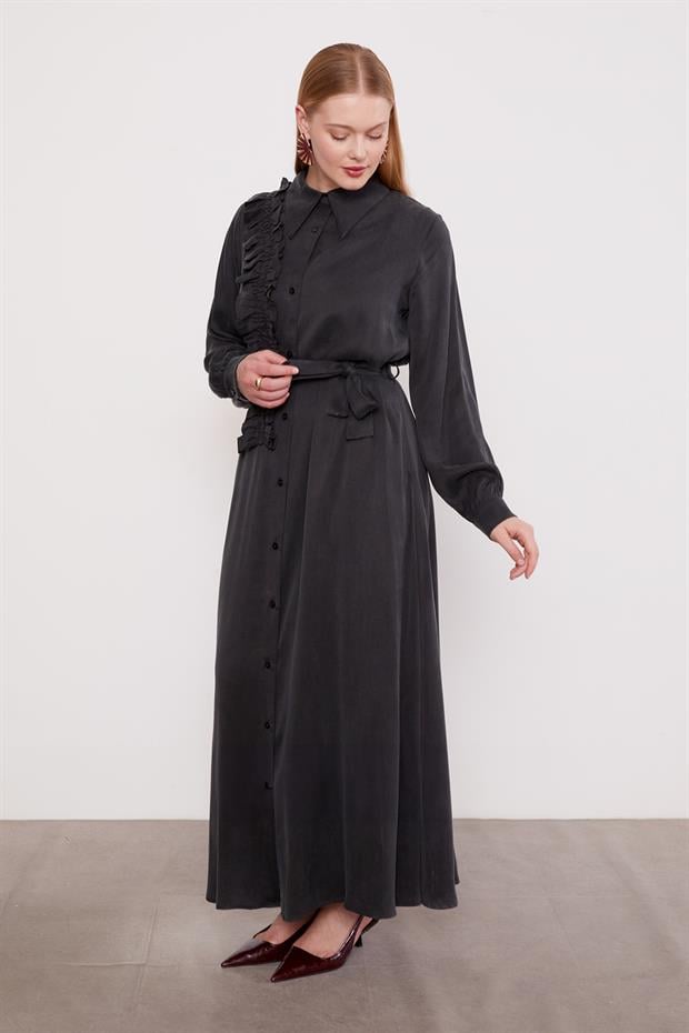 Siyah Düğme Detaylı Cupra Elbise