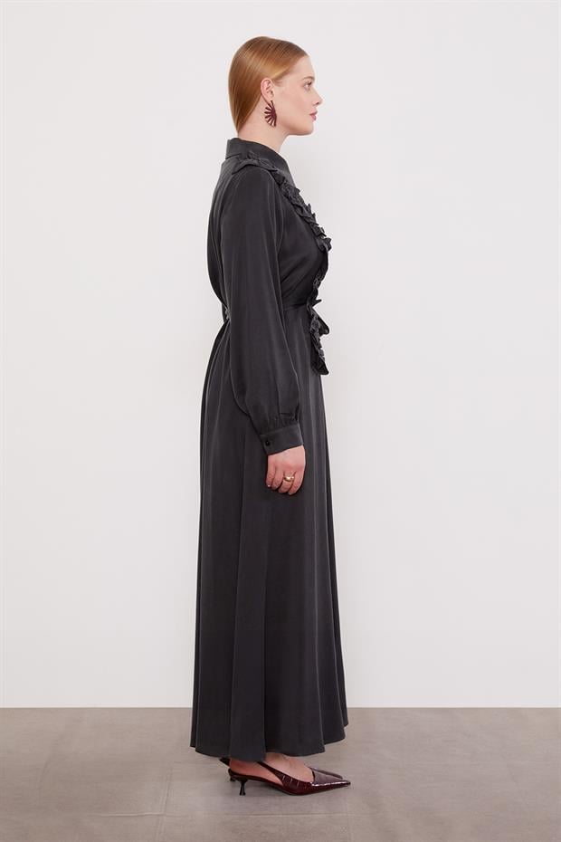 Siyah Düğme Detaylı Cupra Elbise