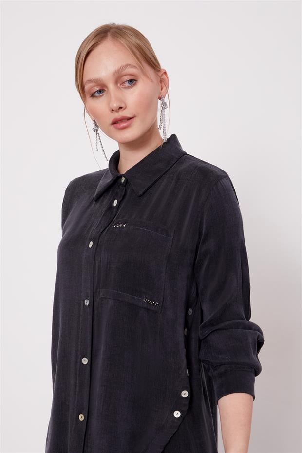 Siyah Çapraz Düğme Detay Cupra Etek Takım