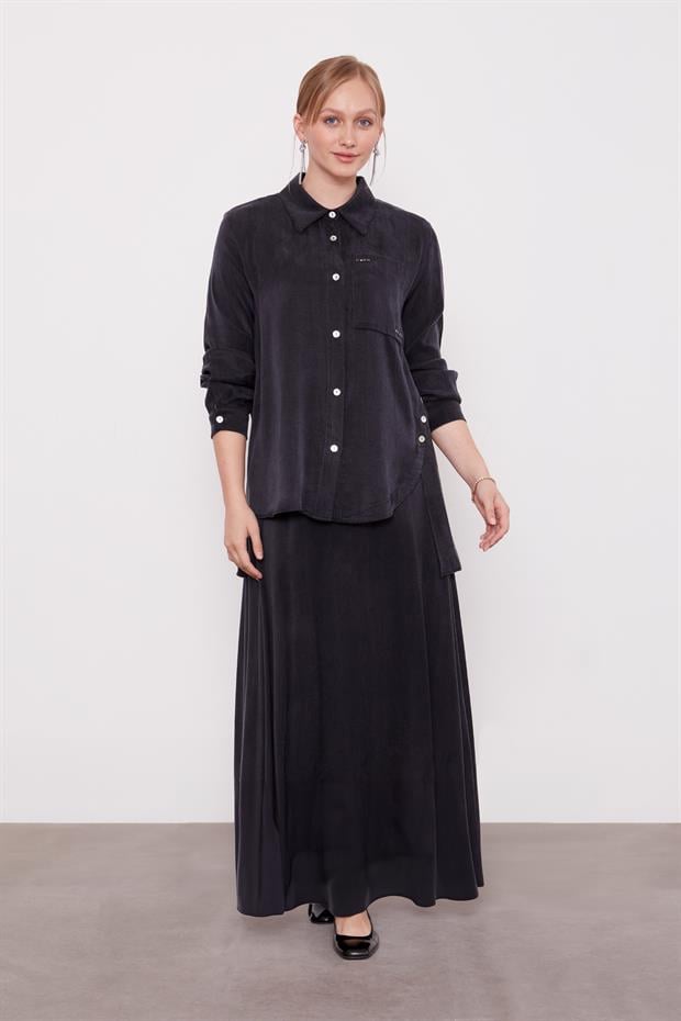 Siyah Çapraz Düğme Detay Cupra Etek Takım