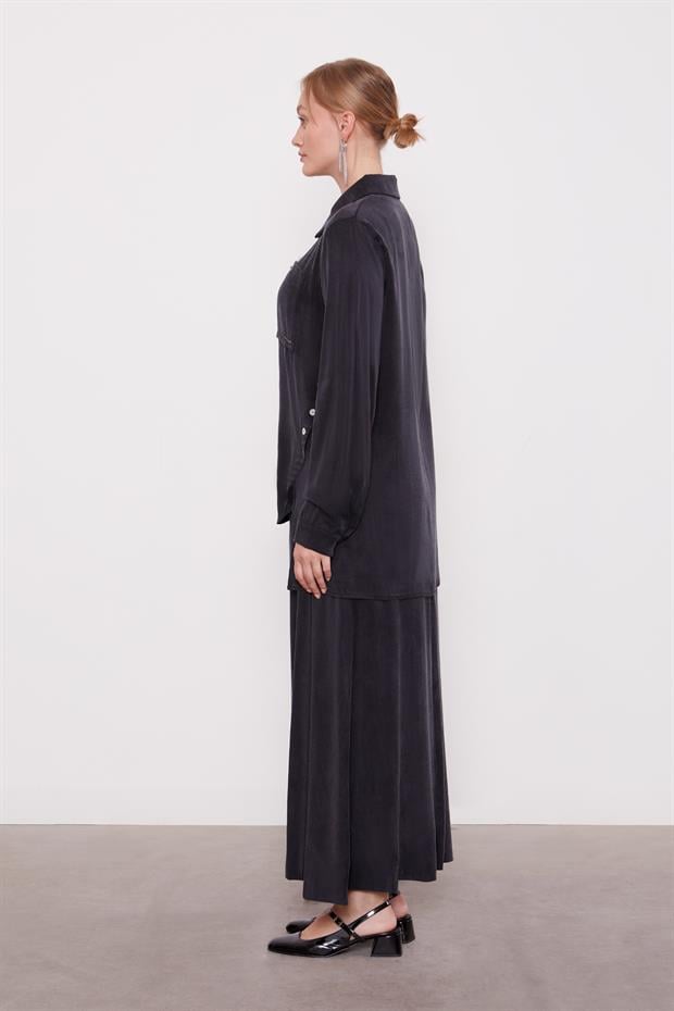 Siyah Çapraz Düğme Detay Cupra Etek Takım