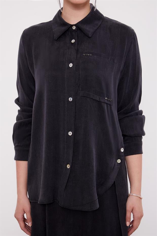 Siyah Çapraz Düğme Detay Cupra Etek Takım