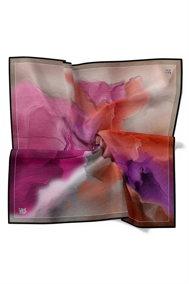 Siyah Bohem Geçişli Twill İpek Eşarp