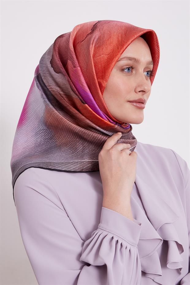 Siyah Bohem Geçişli Twill İpek Eşarp