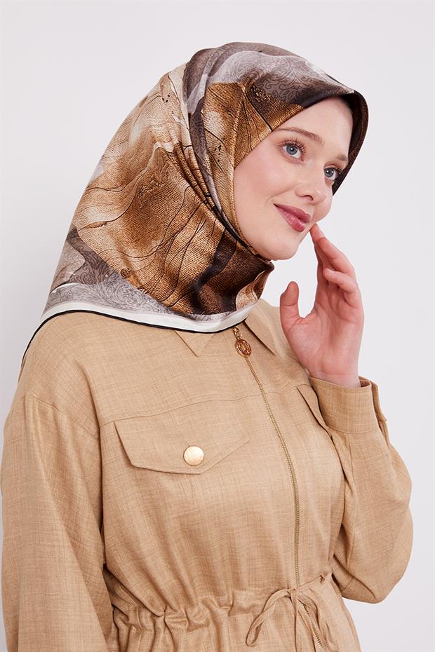 Siyah Soyut Ebruli Desen Twill İpek Eşarp