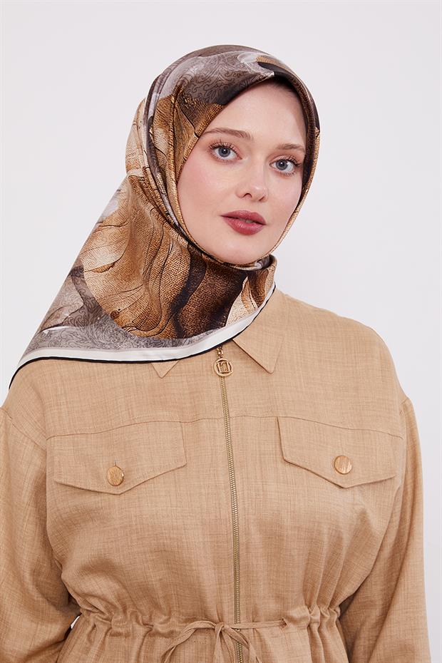 Siyah Soyut Ebruli Desen Twill İpek Eşarp