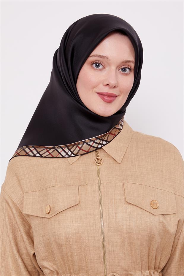 Siyah Ekose Kenar Twill İpek Eşarp