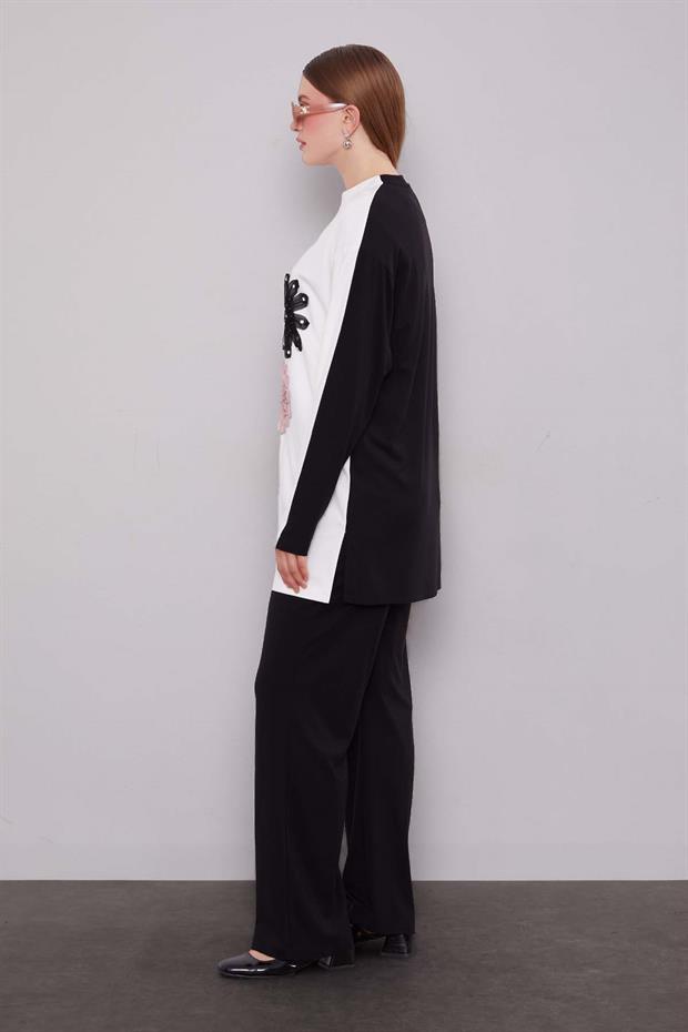 Siyah - Ekru Çift Çiçek Motifli İkili Takım