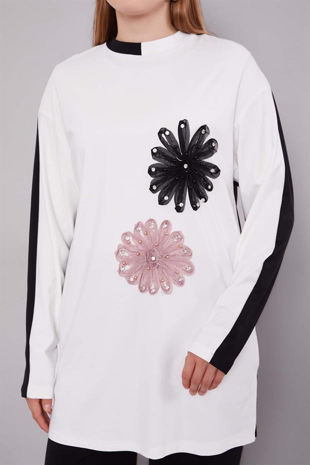 Siyah - Ekru Çift Çiçek Motifli İkili Takım