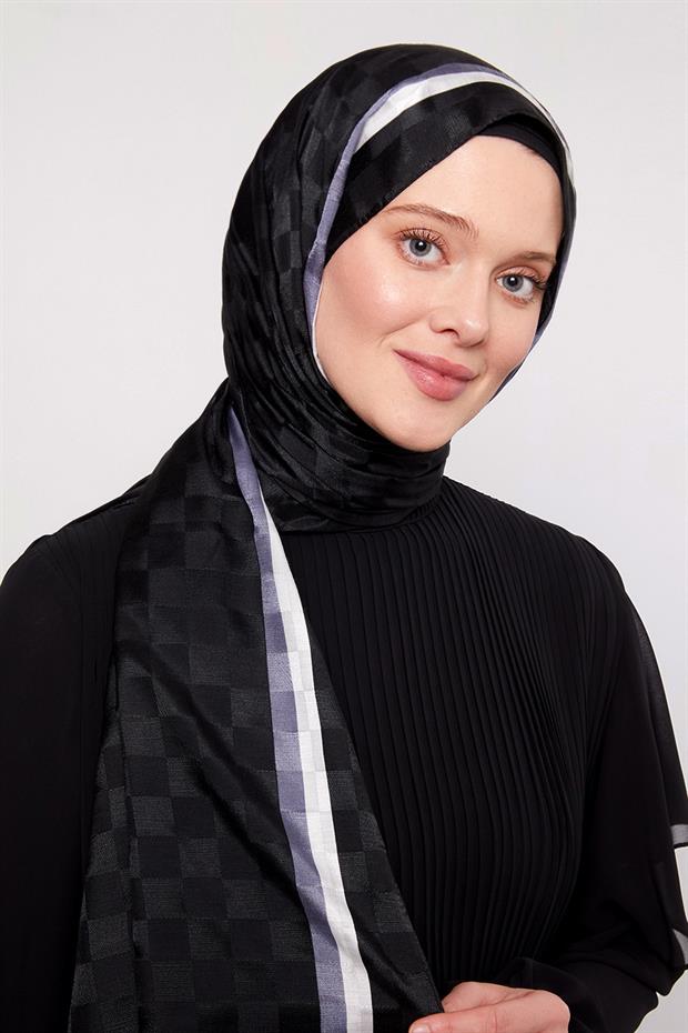Siyah - Ekru Çizgili Dama Desen Monogram Şal