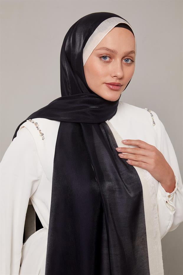 Siyah - Ekru Şerit Desen Kehribar Şal