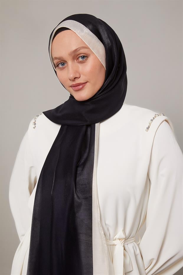 Siyah - Ekru Şerit Desen Kehribar Şal