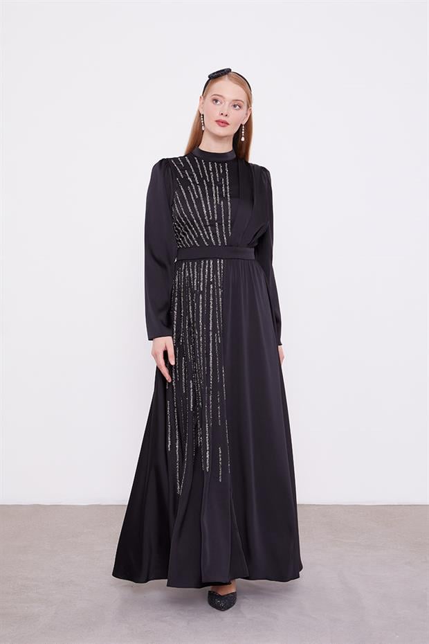 Siyah Bel Kemerli Taşlı Elbise