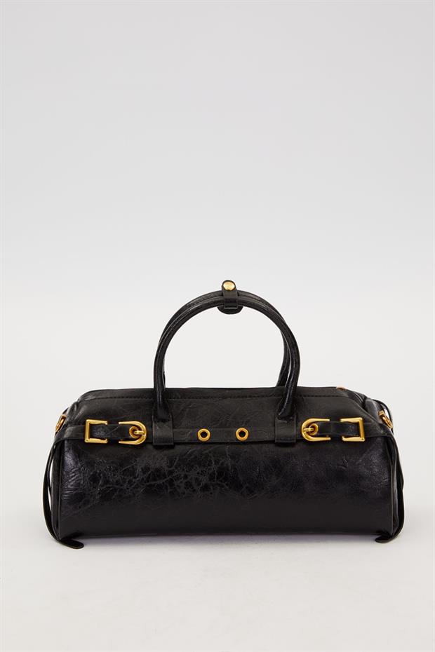 Siyah Eskitme Aksesuarlı El Çantası