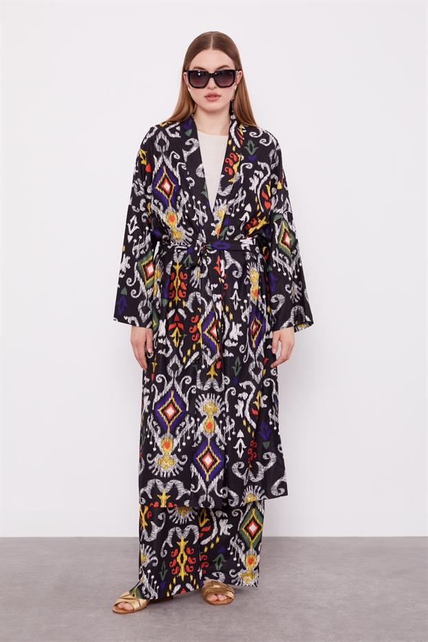 Siyah Etnik Desen Salaş Pantolonlu Takım