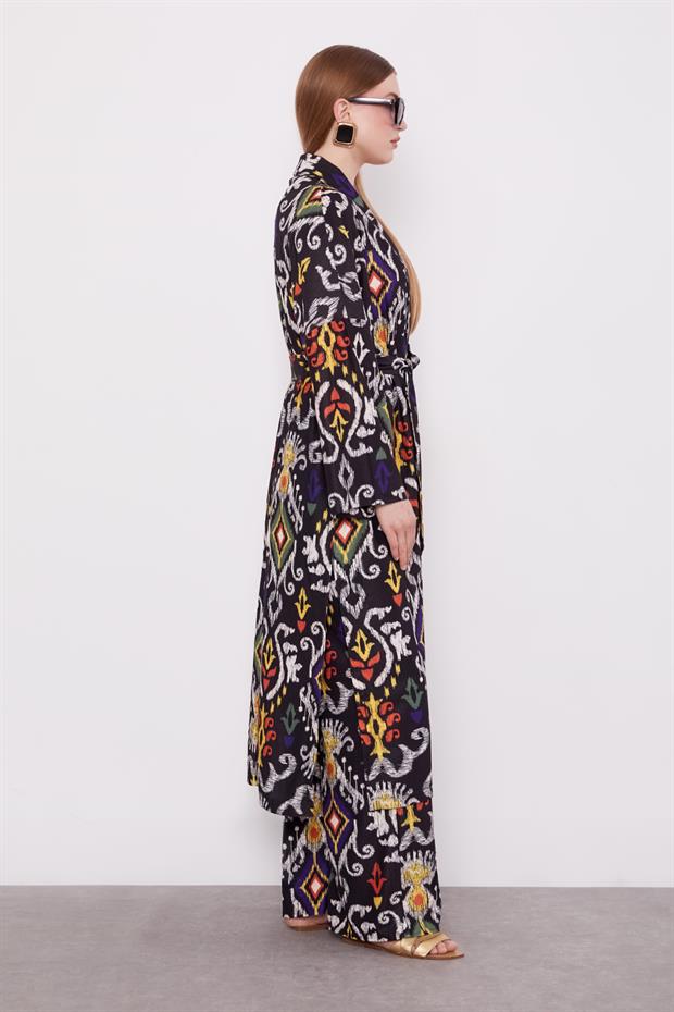 Siyah Etnik Desen Salaş Pantolonlu Takım