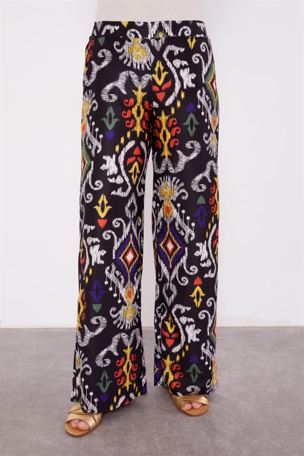 Siyah Etnik Desen Salaş Pantolonlu Takım