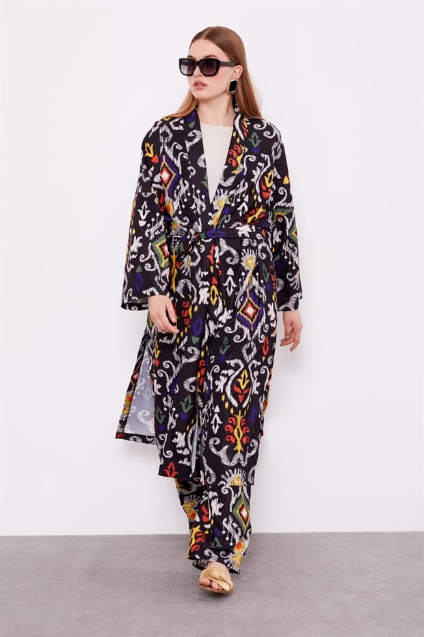 Siyah Etnik Desen Salaş Pantolonlu Takım