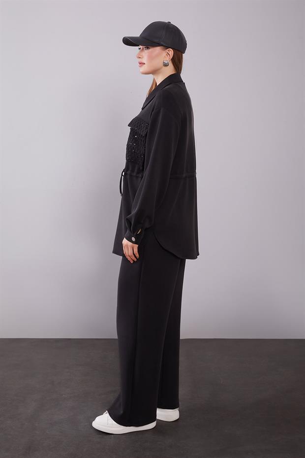 Siyah File Cep Detaylı İkili Takım