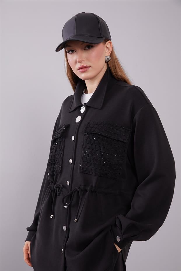 Siyah File Cep Detaylı İkili Takım