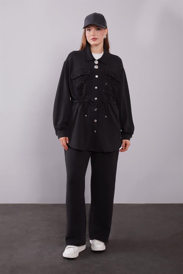 Siyah File Cep Detaylı İkili Takım