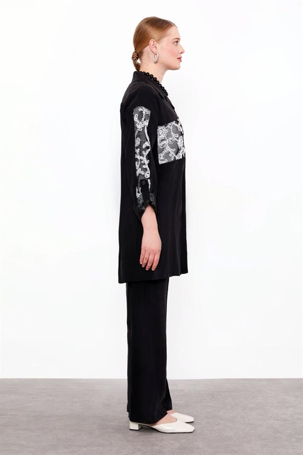 Siyah File Cep Detaylı Üçlü Tunik Takım