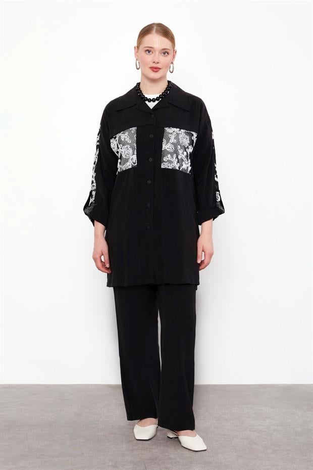 Siyah File Cep Detaylı Üçlü Tunik Takım