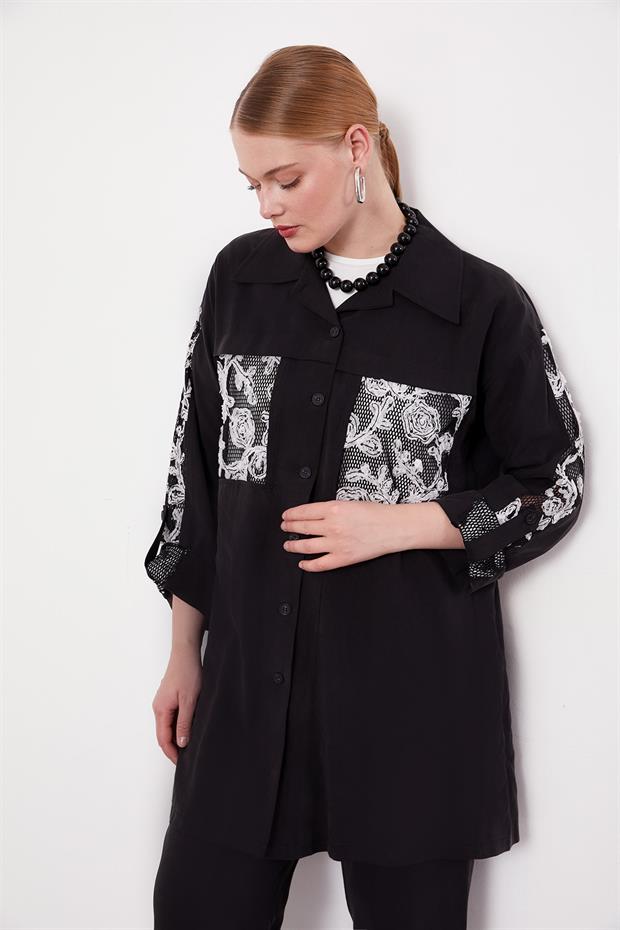 Siyah File Cep Detaylı Üçlü Tunik Takım