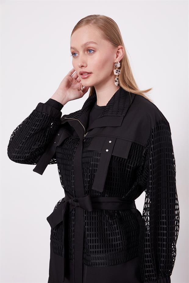 Siyah File Detaylı Belden Bağlamalı İkili Takım